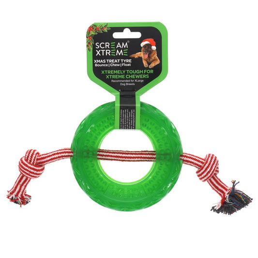 Scream Xtreme Christmas Treat Tyre Green with Rope - The Doggie Shop