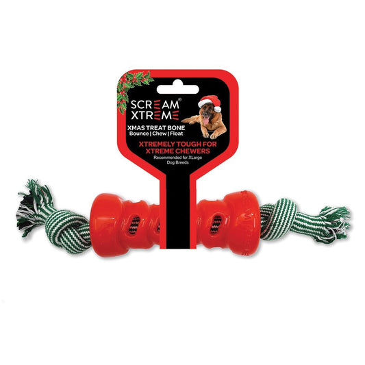 Scream Xtreme Christmas Treat Bone Red with Rope - The Doggie Shop