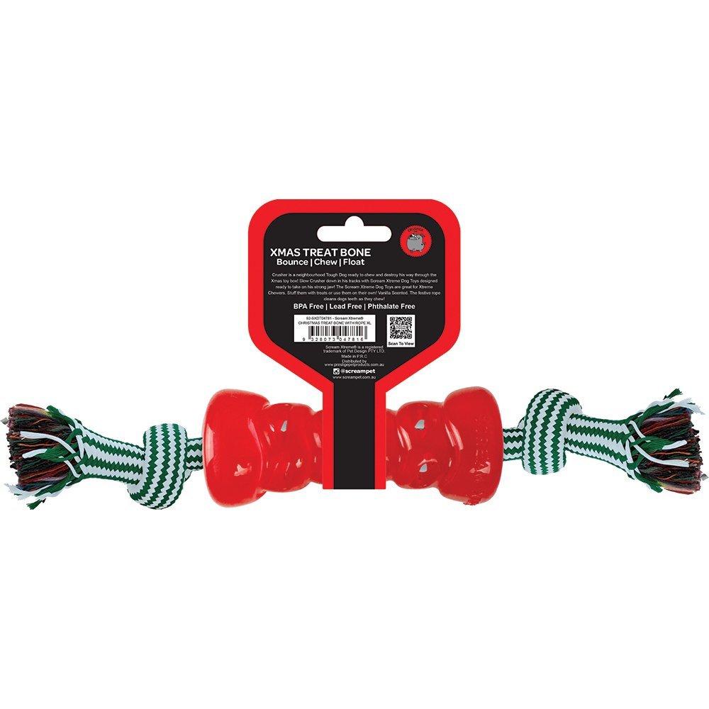 Scream Xtreme Christmas Treat Bone Red with Rope - The Doggie Shop