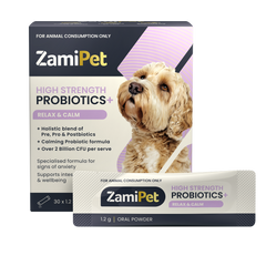 ZamiPet High Strength Probiotics+ Relax & Calm box and sachet