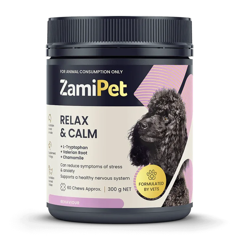 ZamiPet Relax & Calm supplement chews tub